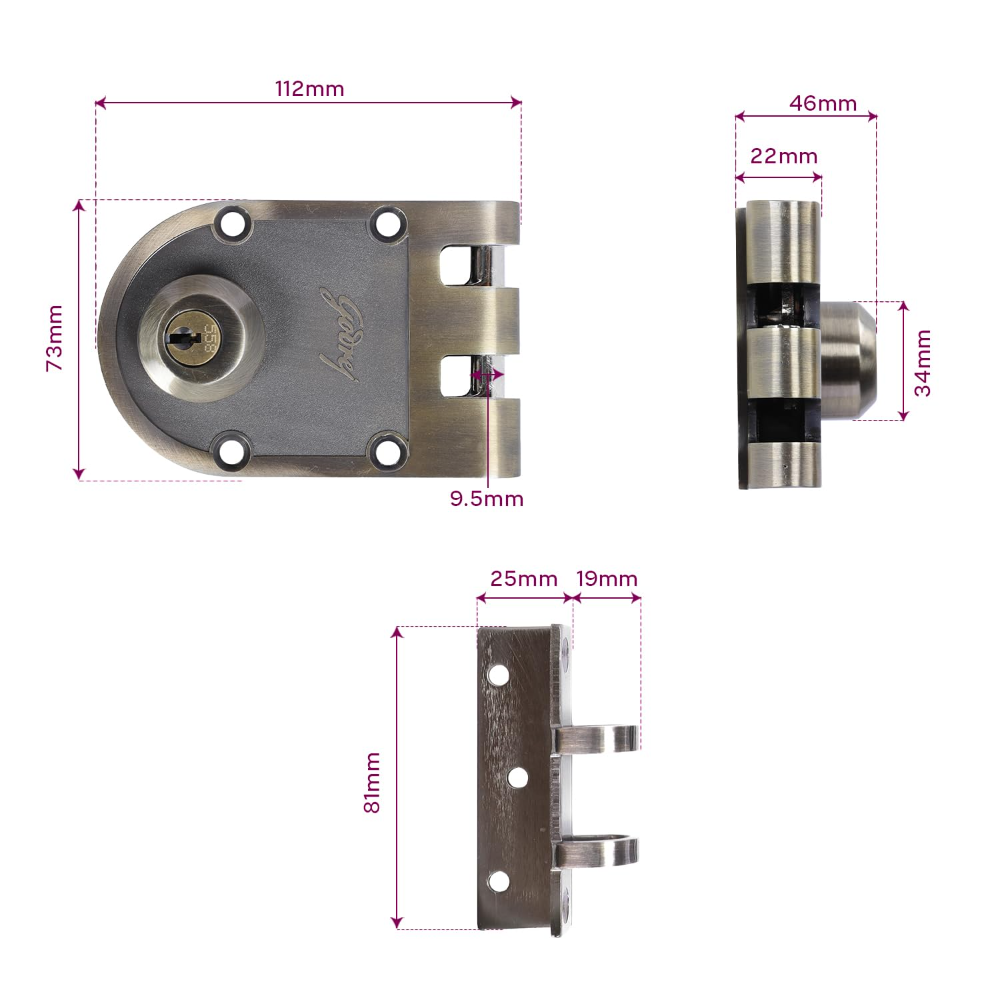 Godrej Rim Lock | Vertibolt Ultra Lock For Wooden Main Door | 2C Deadbolt | 14 Pin Cylinder | For Inside Opening or Double Dooror Sliding Door | 4 Keys | 5 Yr Warranty | Manual Locking | Antique Brass